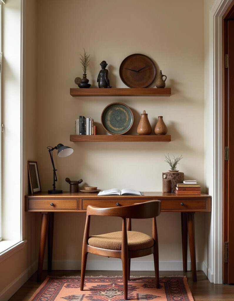 Inspiring home office setup featuring a wooden desk with drawers, a matching chair with a woven seat, and stylish decor on floating shelves above, all complemented by a traditional patterned rug.