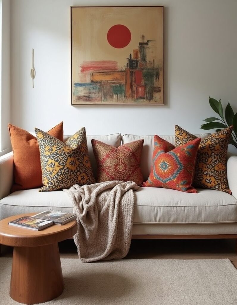 How to style pillows on a couch: A professionally styled living room features a white couch adorned with a variety of decorative pillows in shades of orange, red, and ochre with intricate patterns. The arrangement is layered and inviting, complemented by a soft, neutral-colored throw blanket. An abstract painting hangs above the couch, echoing the color scheme of the pillows, and a small wooden side table holds books, adding a touch of warmth to the room.