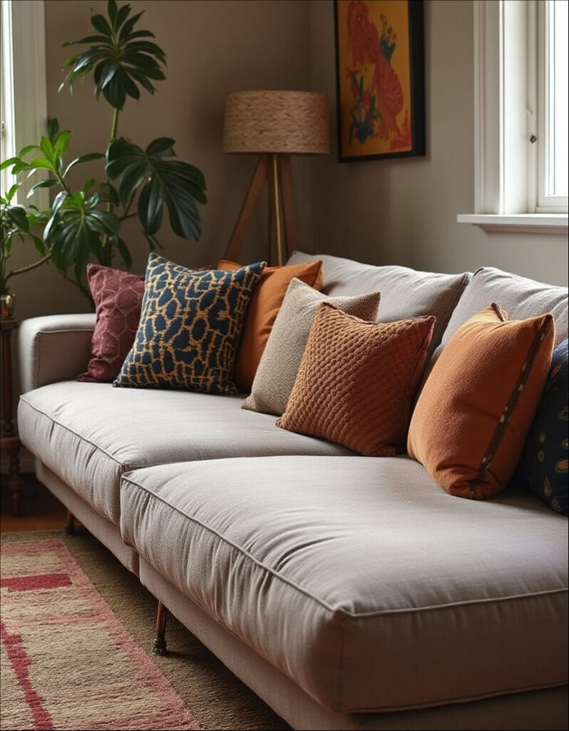 How to style pillows on a couch: A beige couch is decorated with multiple pillows in shades of brown, orange, and blue, creating a layered and textured look in a cozy living room setting.