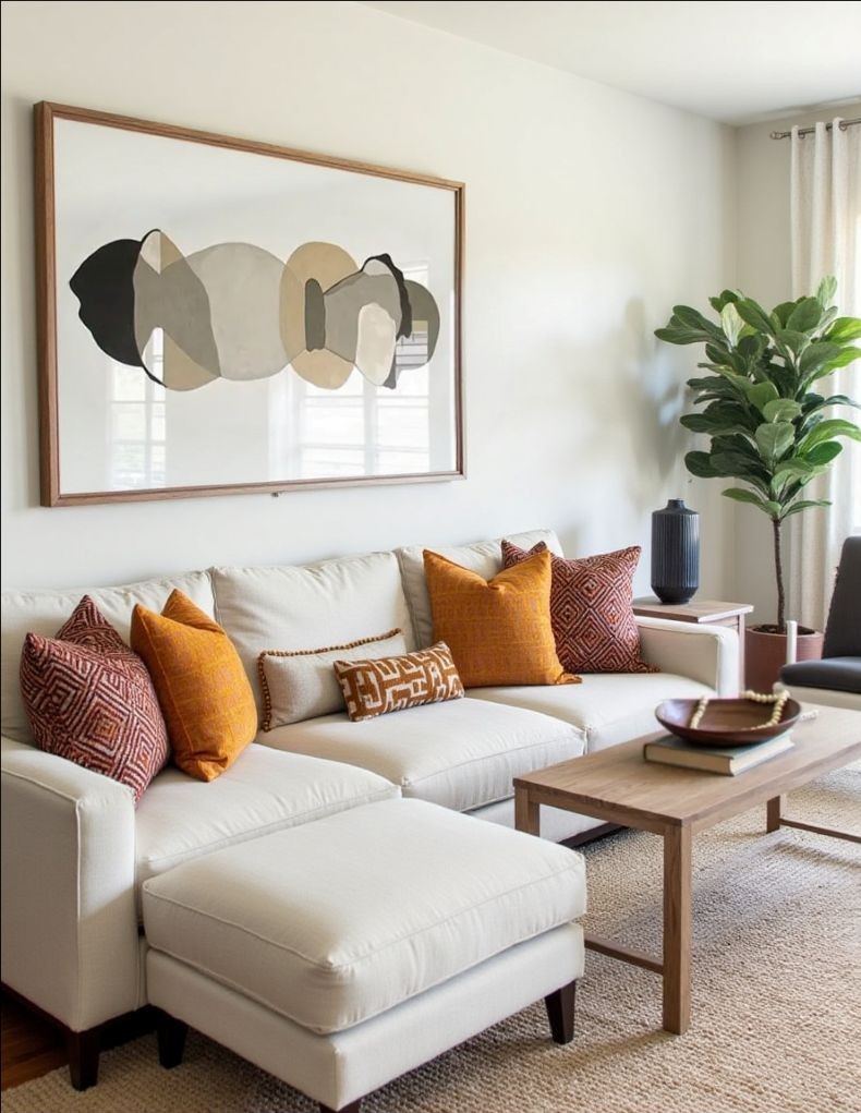 A neutrally decorated living room features an off-white sectional sofa adorned with square and rectangular throw pillows in orange and brown geometric patterns. Above the sofa hangs a large framed print of a multi-humped woolly camel. To the right of the sofa, a wooden side table holds a tall black vase, and a fig tree stands beside it. A wooden coffee table with a shallow bowl of fruit sits in front of the sofa on a neutral rug. Curtains hang on the far right behind the tree.