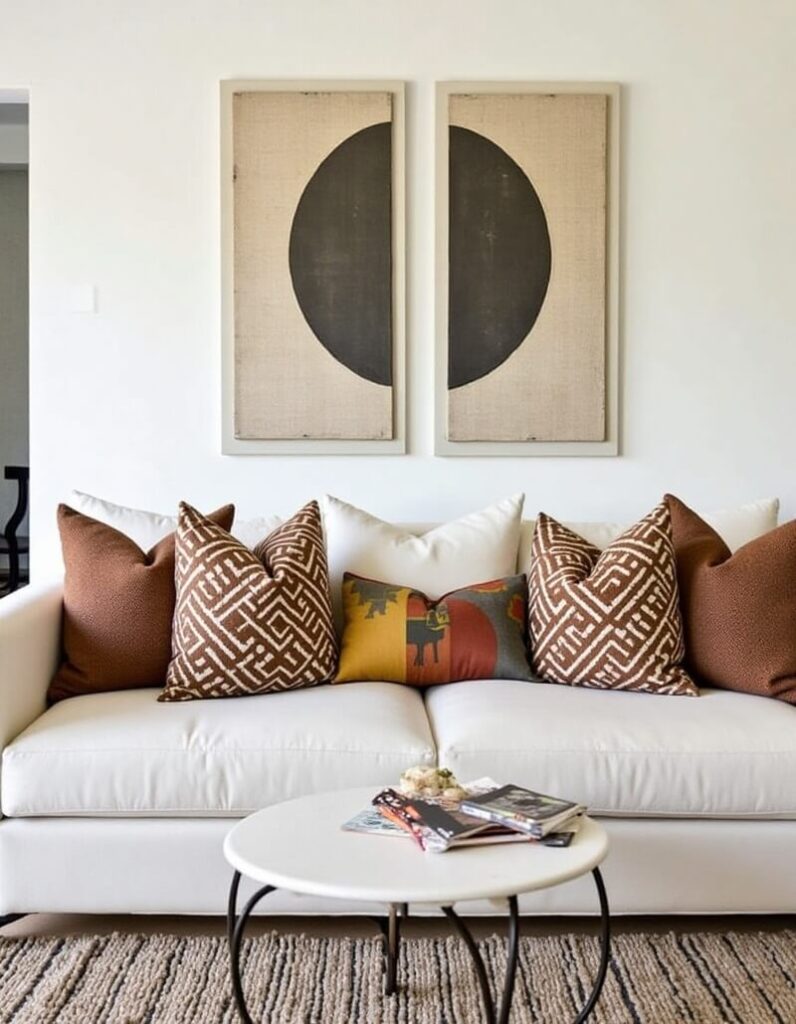 How to style pillows on a couch: A white couch adorned with a curated arrangement of decorative pillows in brown, white, yellow and red hues, showcasing a balanced and stylish living room aesthetic. Above the couch hang two framed artworks featuring a bold, minimalist black circle design. A round white coffee table sits in front of the sofa, topped with magazines and a small floral arrangement.