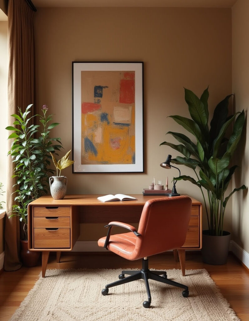 Inspiring home office setup with a wooden desk, tan leather office chair, an abstract art print, indoor plants, and warm, neutral tones for a creative workspace.