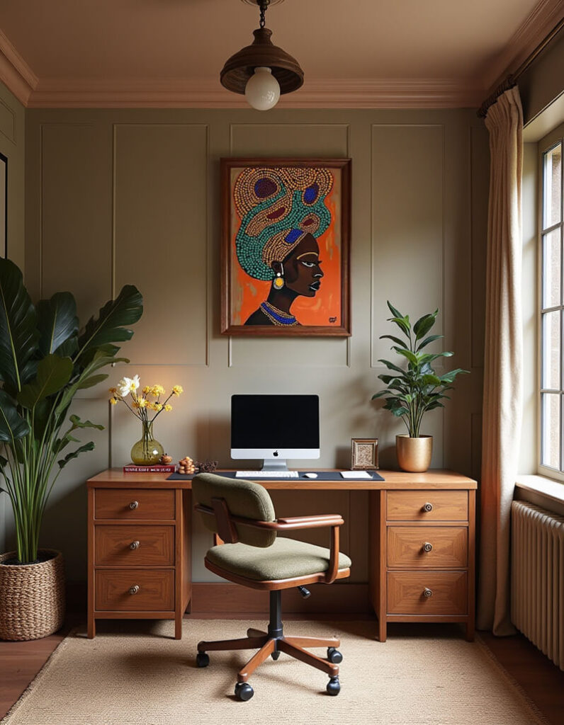Inspiring home office with a wooden desk, green upholstered chair, desktop computer and a framed art print of an African woman with a colorful headdress. The room is decorated with plants, a vintage-style light fixture and a natural fiber rug.