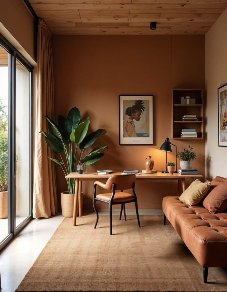Inspiring home office with warm, earthy tones, featuring an elegant desk, comfortable seating, natural light, and a calming atmosphere perfect for creative work.