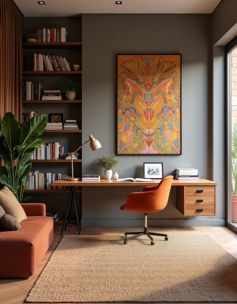 A cozy home office setting features a built-in bookshelf filled with books on the left, adjacent to a desk with a modern orange chair. Above the desk hangs an abstract, colorful painting. A comfortable orange sofa sits on the left, complemented by a neutral-toned rug that covers most of the floor.