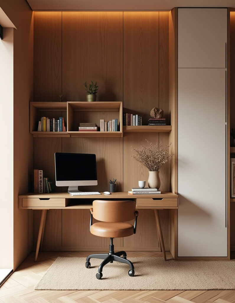 A modern home office setup with a wooden desk, shelves, and a rolling chair.