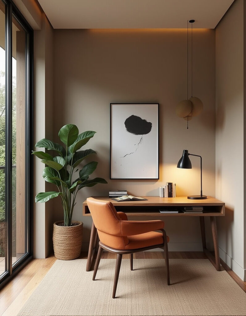 A minimalist home office setup with a wooden desk, tan leather chair, a modern black and white art print, and a large potted plant beside a window.