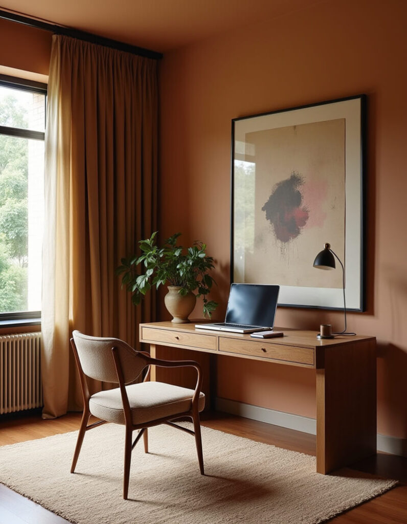 A modern office space with a wooden desk, chair, and laptop.