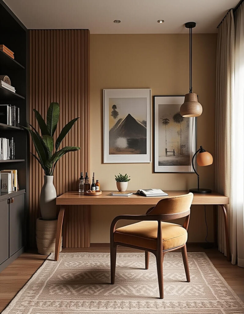 A contemporary home office features a warm and inviting color palette, with a light brown desk and chair set upon a beige and white patterned rug. Two framed art pieces hang above the desk; one displaying a mountain and the other a tree. A small orange desk lamp and hanging light fixture illuminate the workspace. To the left, a tall black bookcase stands next to a wooden paneled wall, adding texture and depth to the room. A tall potted plant is nestled between the bookcase and the desk, bringing a touch of nature into the space.