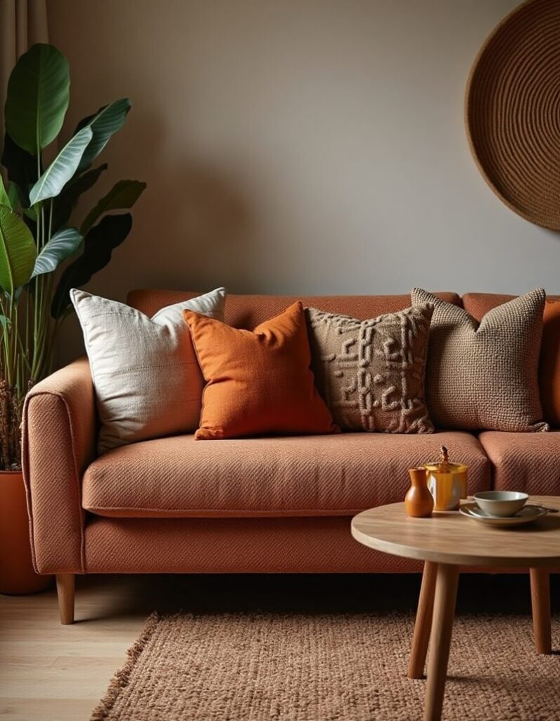 How to style pillows on a couch: A cozy living room featuring an orange textured couch adorned with an arrangement of pillows in varying textures and colors, including beige, rust orange, and patterned designs, creating a warm, inviting atmosphere.