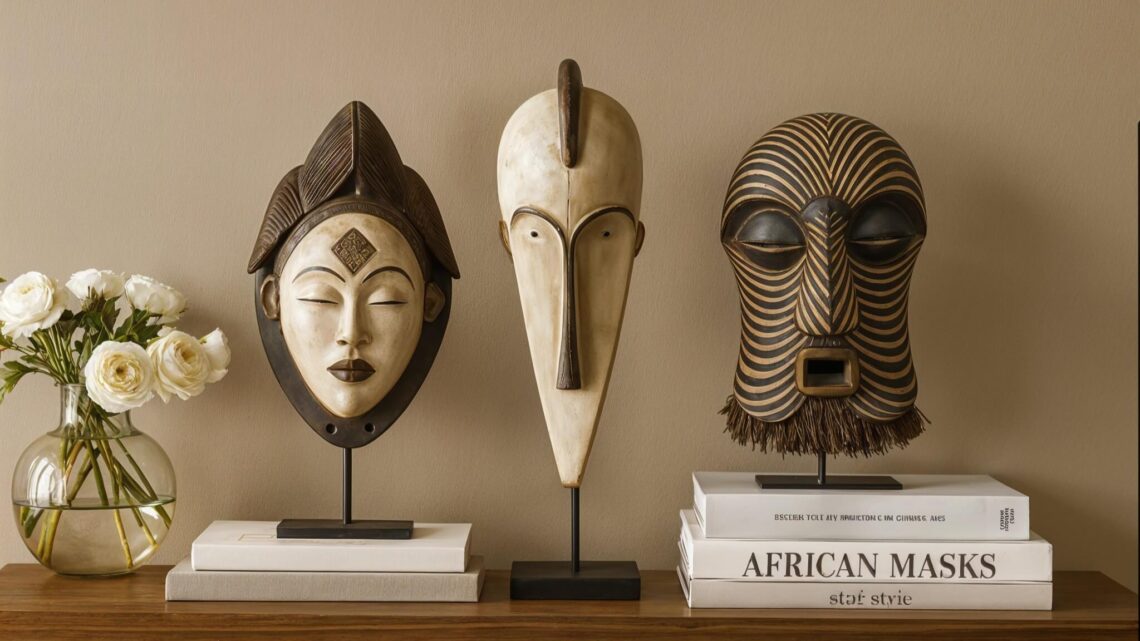 Three Traditional African masks, including a Punu mask, a Fang mask and a Kifebwe mask on stands, displayed on a wooden sideboard with stacked books titled "African Masks." A vase with white roses is on the left.