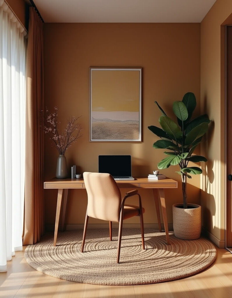 Inspiring home office setup with a minimalist wooden desk, cozy chair, and a round jute rug, complemented by a potted plant and a framed landscape art piece.