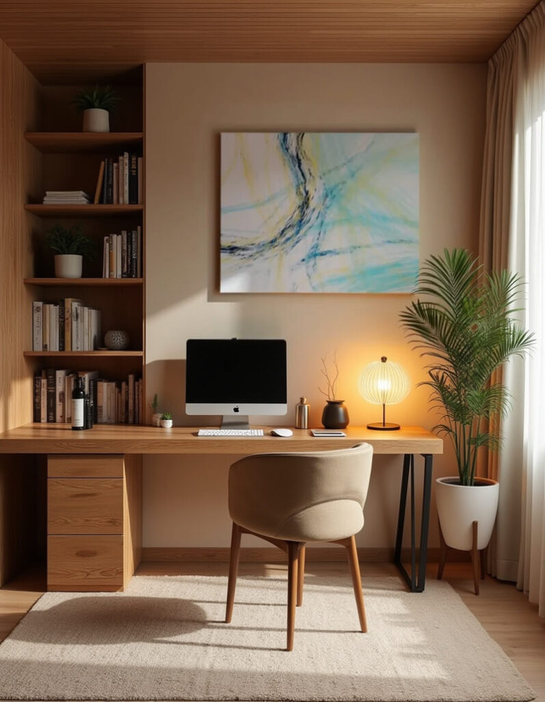 Inspiring home office featuring a minimalist wooden desk with a built-in bookshelf, a sleek computer setup, and a comfortable chair, complemented by abstract artwork and a verdant potted plant to create a serene and productive workspace.
