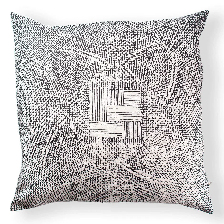 Beautiful black and white throw pillow inspired by the tradition of Tonga basket weaving from Zimbabwe