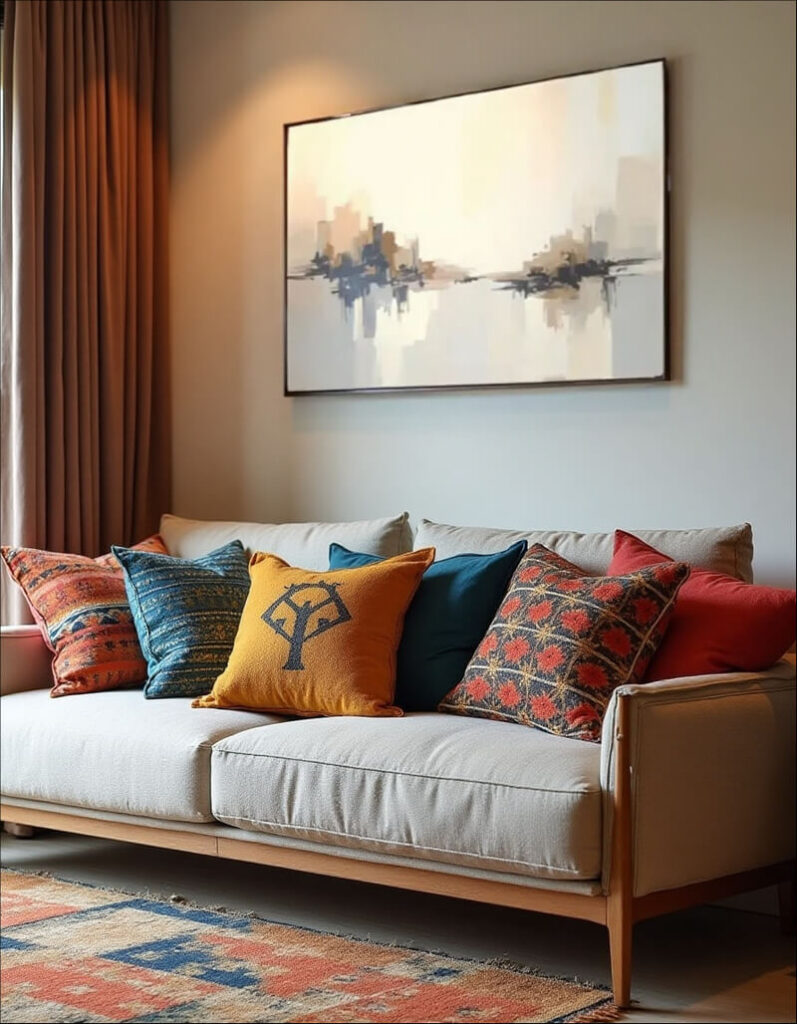 A beige couch with a wooden frame is adorned with six pillows of varying colors and patterns; above the couch hangs a framed painting with abstract neutral tones, suggesting a cityscape reflected in water; to the left of the couch, a brown curtain hangs.