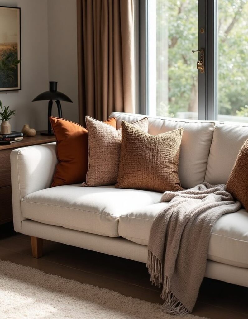 A cozy living room features a cream-colored sofa adorned with textured throw pillows in earthy tones, complemented by a soft, draped blanket. Natural light streams in through a nearby window, enhancing the room's warm and inviting atmosphere.