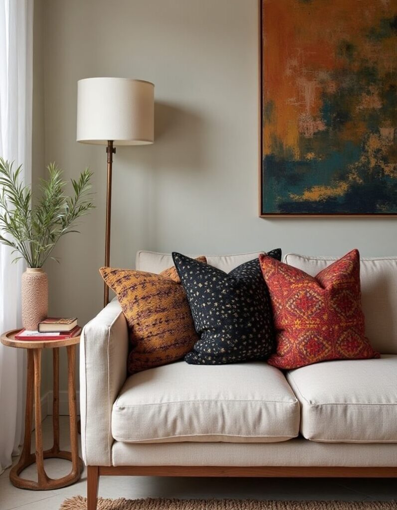 Learn how to style pillows on a couch: A cream-colored couch is adorned with three decorative pillows in varying patterns and colors. A bronze floor lamp with a cream shade stands beside the couch and a wooden side table with a plant and books. An abstract painting hangs on the wall above the couch.