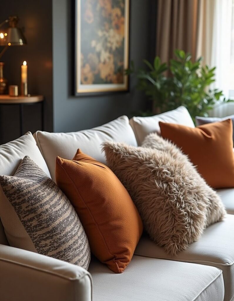 A cozy living room scene features a plush white sofa adorned with an array of decorative pillows in varying textures and earth-tone hues. From left to right: a textured pillow with a subtle gray and beige pattern, a solid burnt orange pillow, a beige faux fur pillow, and another solid burnt orange pillow, creating a layered and inviting look. In the soft-focus background, a framed floral print hangs on a dark gray wall, complemented by a warm-toned lamp and candle on a side table to the left, and a lush green plant near a window to the right, adding depth and a sense of homey comfort to the setting.