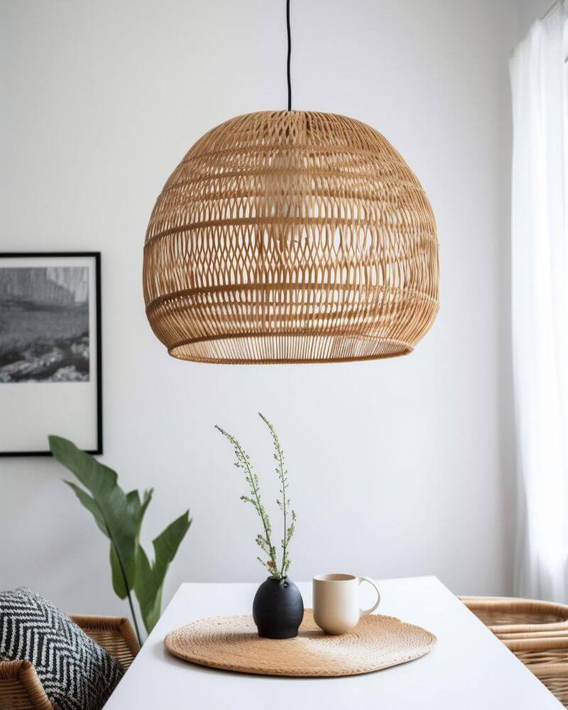 Woven pendant light hanging above a dining table with a modern minimalist design. The light fixture is made from natural woven fibers, creating a warm and inviting ambiance.
