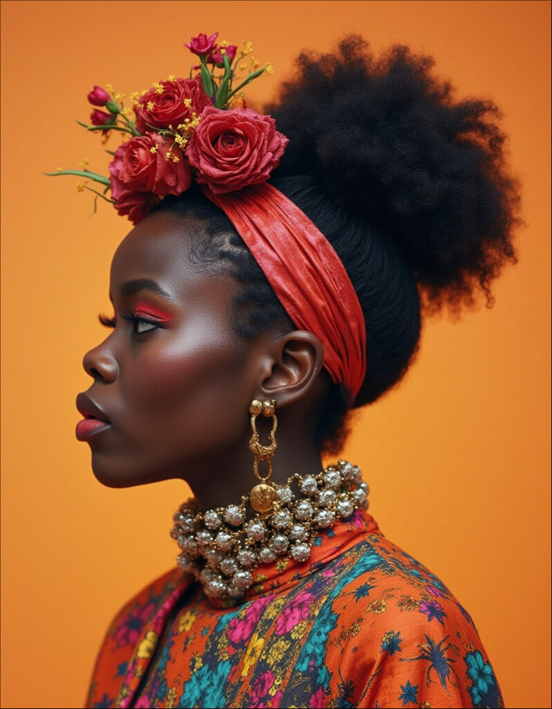 Profile view of a woman with dark skin, wearing an orange floral patterned vintage shirt, a pearl beaded collar, matching gold and pearl statement jewelry, and a red floral headband with red eye makeup, against an orange background.