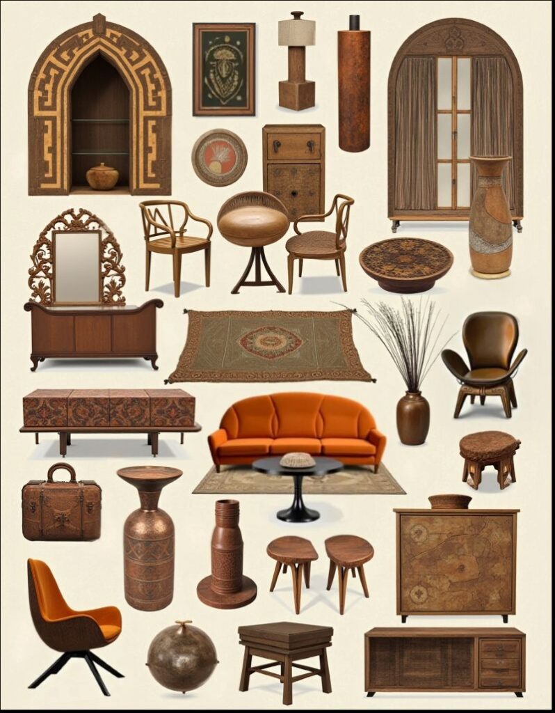 A collection of furniture and decor items representing Afrofuturism design are displayed against a light, neutral background, showcasing a variety of styles and materials. The items are arranged in a grid-like fashion, allowing each piece to stand out. The color palette is predominantly warm, with shades of brown, wood, and tan dominating. This gives the collection a cohesive and earthy feel. Textures vary from smooth, polished surfaces to more rustic, textured finishes, adding depth and visual interest. The lighting is soft and diffused, creating a warm and inviting atmosphere. The overall composition is balanced, with a mix of large and small items, and a variety of shapes and forms.