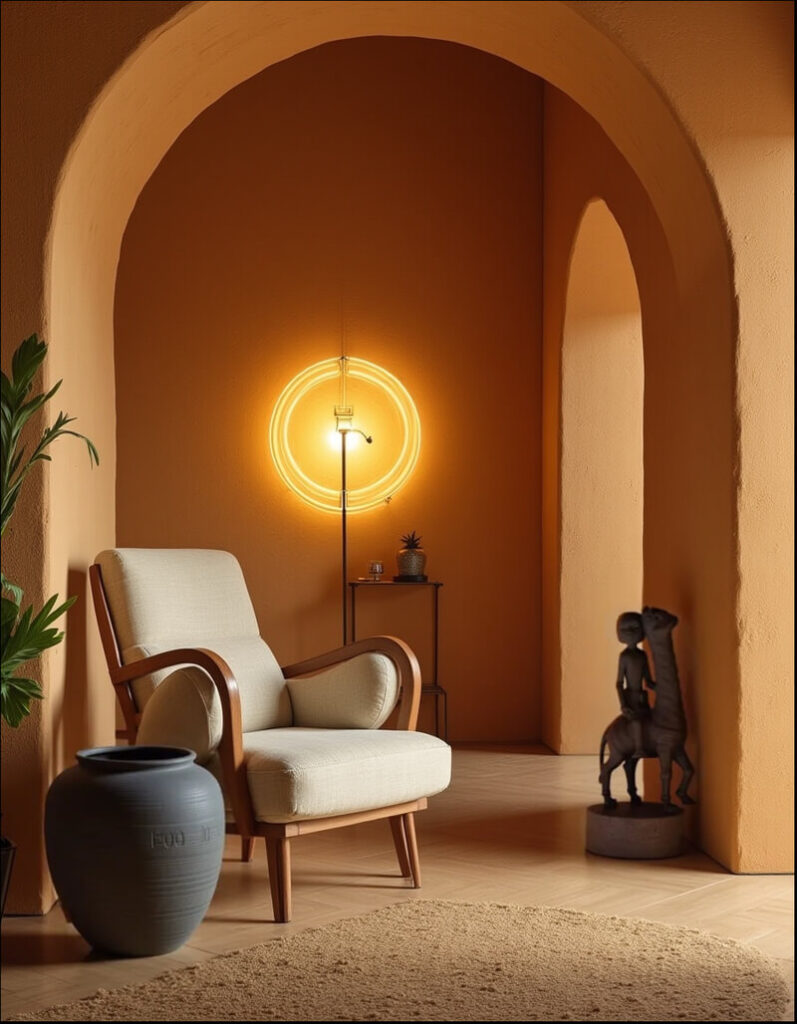 A warmly lit room displays an interior design that blends rustic and modern elements. The room is framed by arched doorways and walls painted in a rich, earthy ochre tone. A comfortable armchair upholstered in a light, neutral fabric sits prominently in the foreground, complemented by a dark-toned ceramic vase placed to its left. A circular neon light evoking Afrofuturism design emitting a bright, golden glow adorns the wall, casting a soft light on a small side table holding a decorative pineapple and glassware. A statue depicting a person riding an animal stands in one of the arched doorways, adding an element of classical art to the room's decor. A woven rug in a sandy color covers the floor, uniting the elements of the space with its subdued hue.