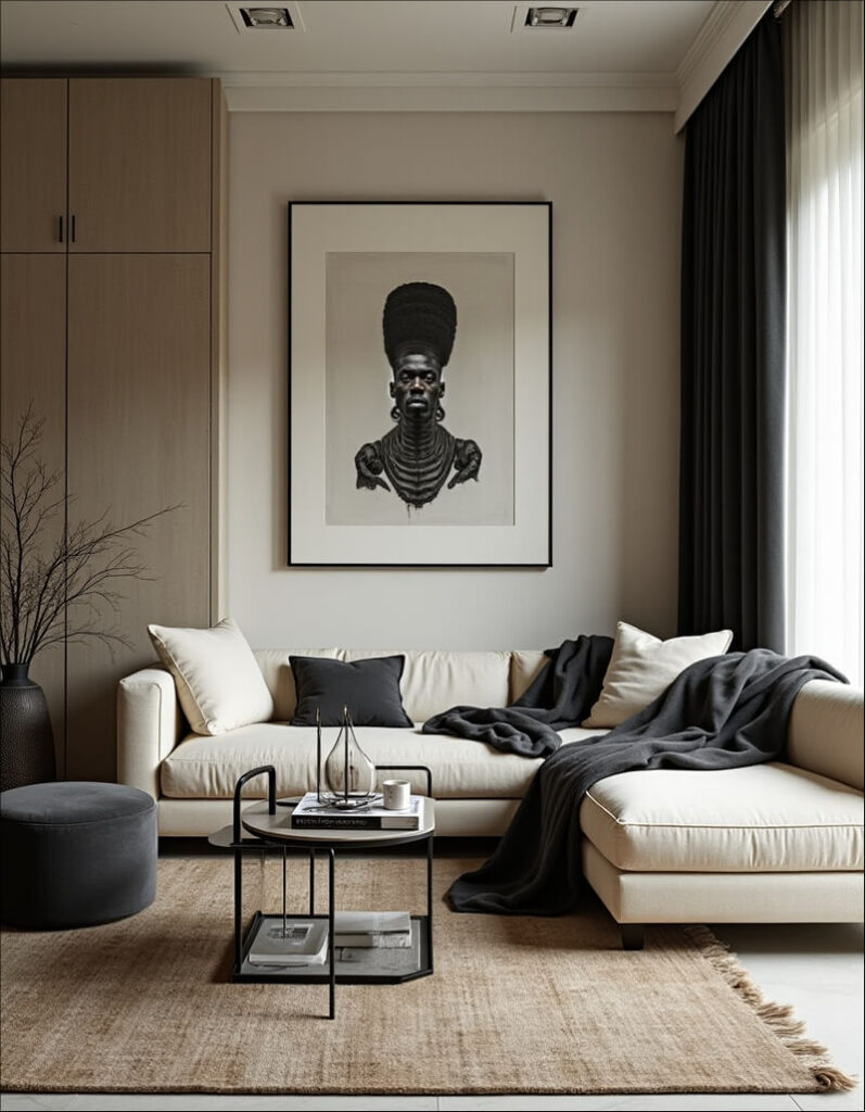 A modern living room features a neutral color palette with dark accents, showcasing a large framed portrait of a person with traditional tribal attire, situated above a beige sectional sofa adorned with white pillows and a dark gray throw, alongside a small side table holding decorative items, all set on a textured rug.