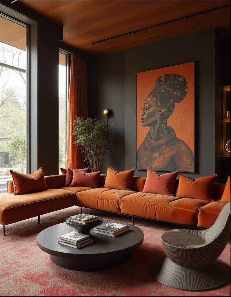 An Afrofuturistic living room featuring warm tones, a large portrait of a Black woman with celestial patterns and sleek modern furniture.