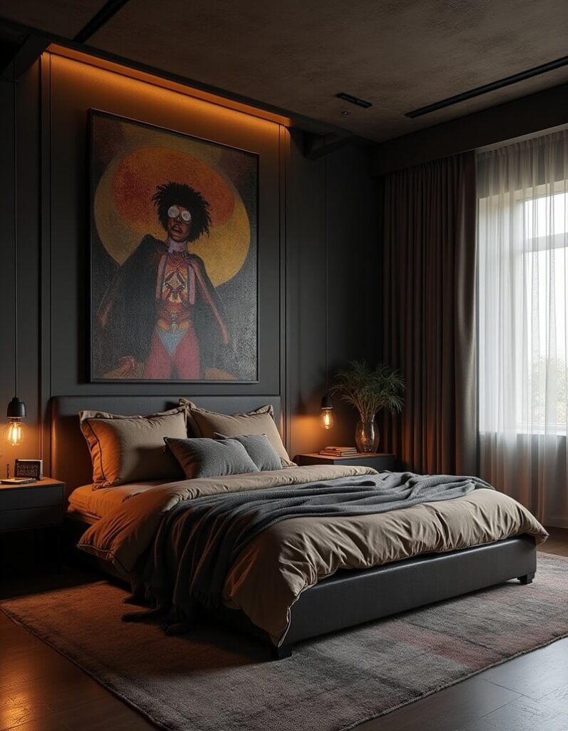 Afrofuturistic bedroom featuring a striking portrait with cosmic themes above the bed, complemented by warm, ambient lighting and a modern, minimalist design.