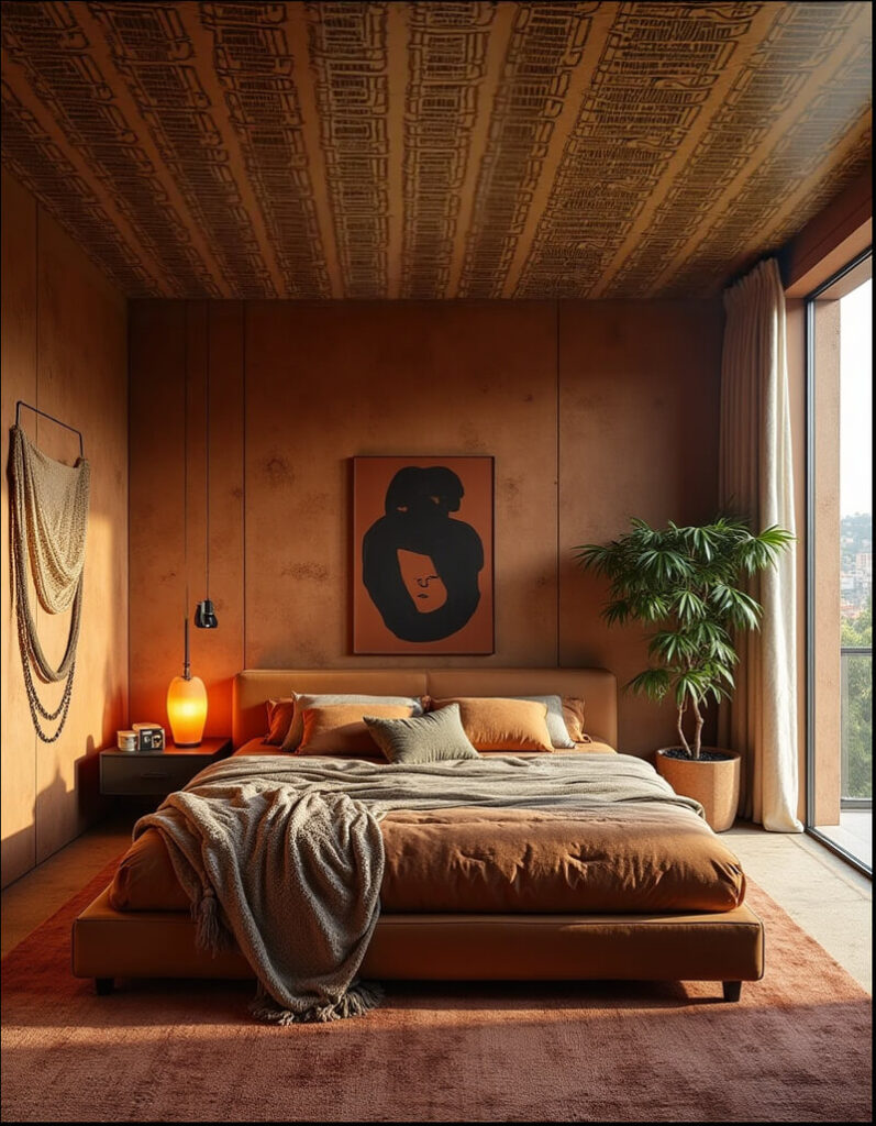 A bedroom showcasing Afrofuturism design elements, featuring earth-toned walls, a textured ceiling with repeating geometric patterns, and a modern bed accented by a striking portrait of a face.