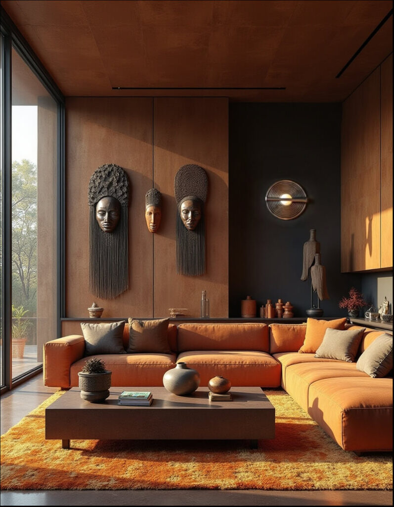 A living room showcasing Afrofuturism design elements. The space features an orange sectional sofa, a dark brown coffee table, and African-inspired masks adorning the wall. The color palette consists of earthy tones, and a large window provides natural light.