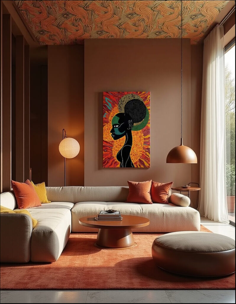 Afrofuturism-inspired living room featuring modern furniture, warm tones, and an vibrant art piece depicting a Black woman, showcasing a fusion of African culture and futuristic design elements.