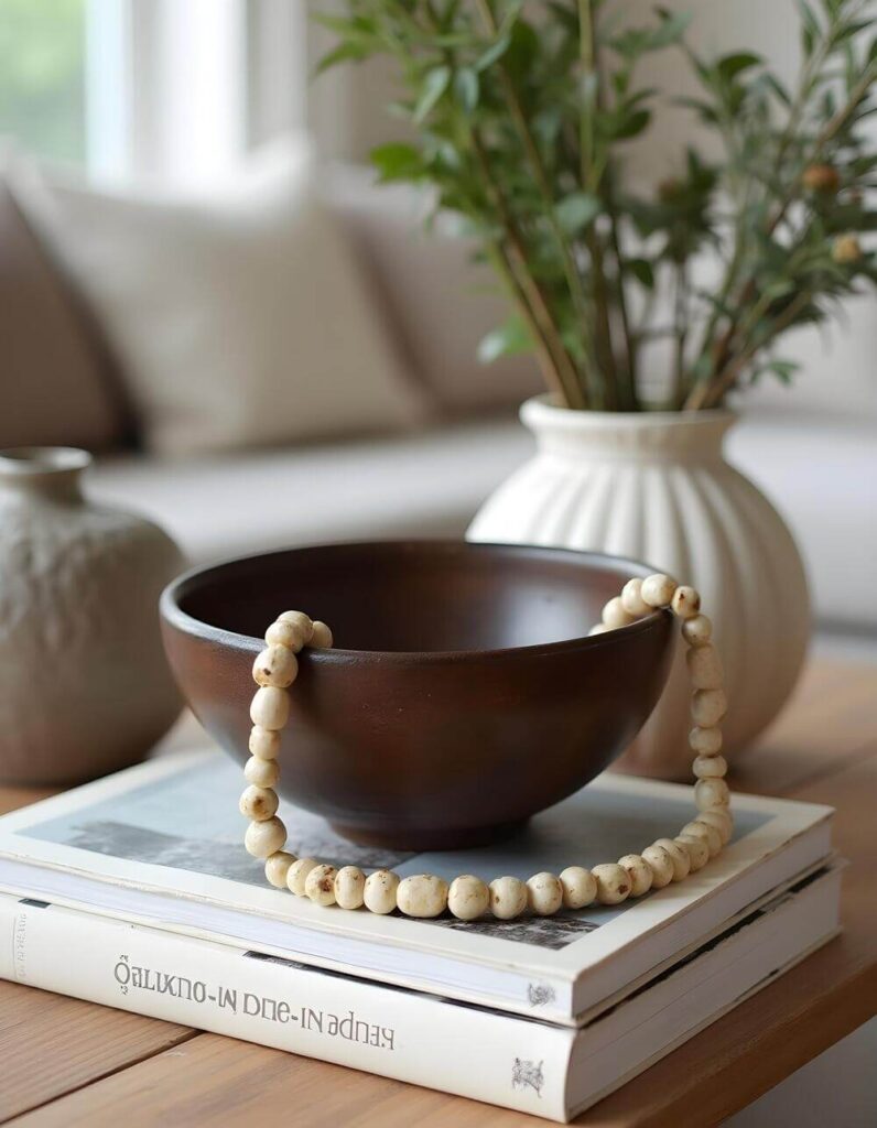 A warm, inviting scene showcasing handcrafted African bowls as a centerpiece, paired with artisanal beads, stacked art books, and decorative vases for a touch of global elegance.