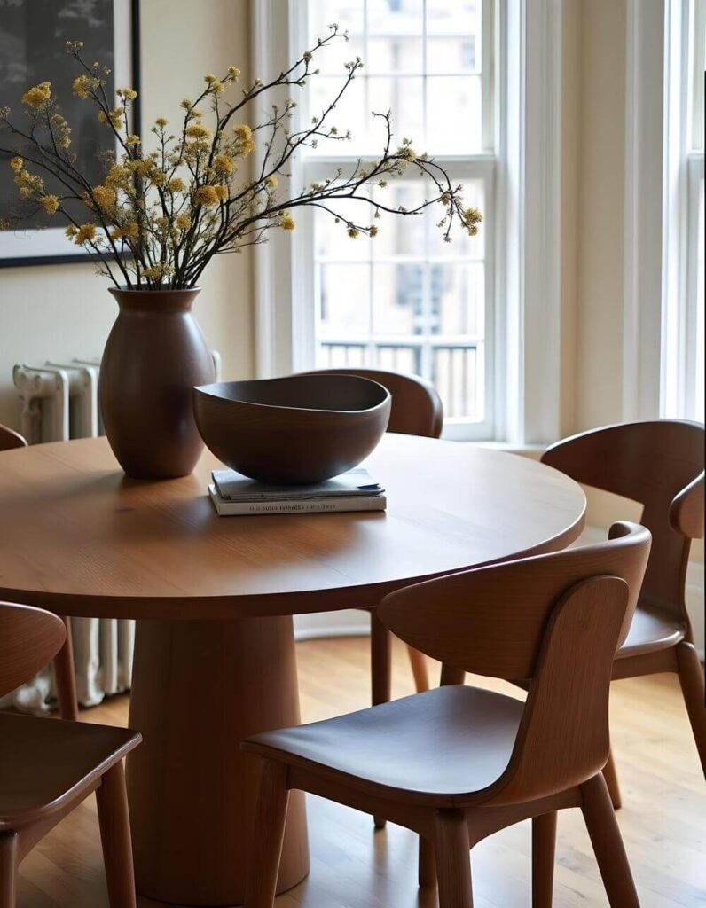A warm and inviting dining room features a round wooden table tastefully decorated with a brown vase filled with delicate yellow flowers. Resting on a book is a beautiful, handcrafted African bowl, adding a touch of global artistry to the setting. Explore our collection of authentic African bowls.