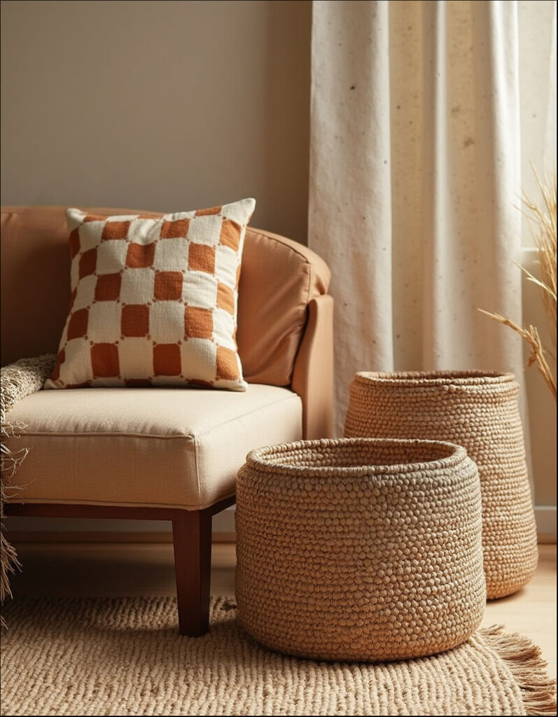 Explore the latest African interior design trends with this cozy living room setup featuring a sofa with a checkered pillow, woven baskets, and a textured rug.
