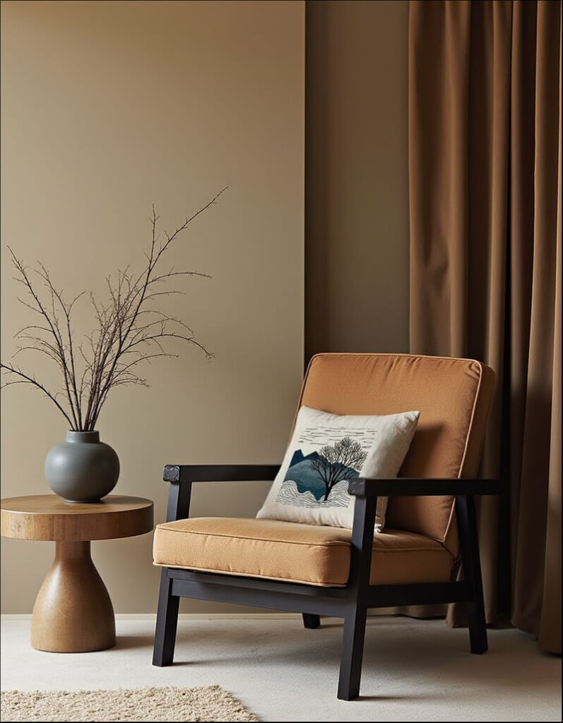 A cozy armchair with earth-toned elements, showcasing African interior design trends. The chair features a warm cushion and a decorative pillow, complemented by a vase on a wooden side table, set against a backdrop of neutral-toned walls and curtains.