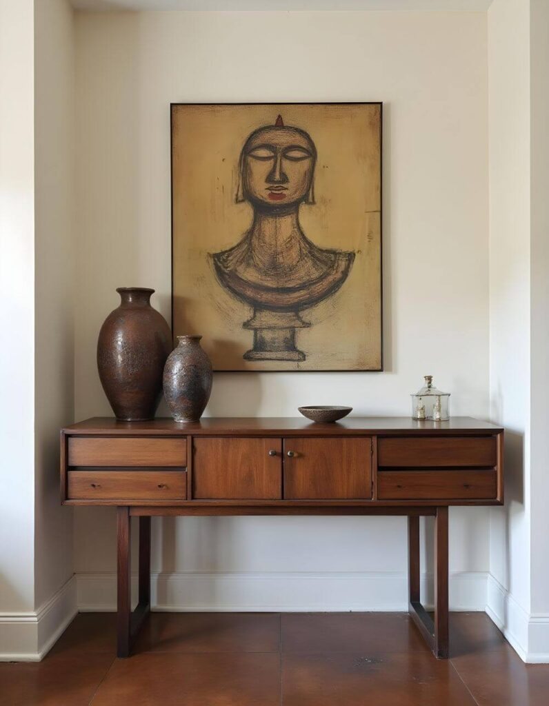 Elegant entryway featuring mid-century modern console table with African pottery and a striking bust artwork.