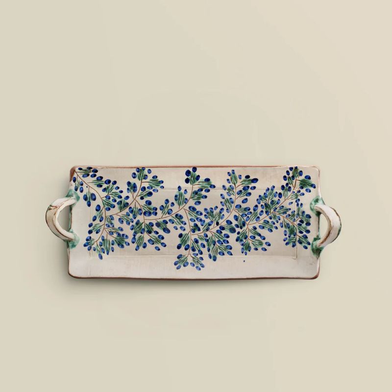 Egyptian ceramic tray handpainted with beautiful green and blue leaves