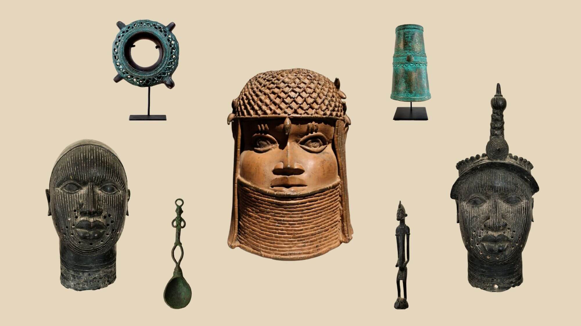 Collection of African bronze art including 3 bronze heads, a ceremonial spoon, a bangle, a cuff, and other artifacts.