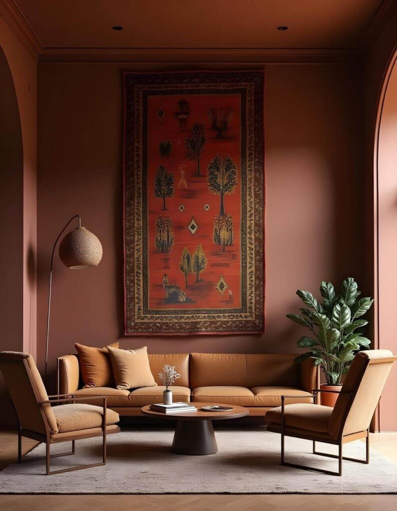 A luxurious living room with a large, ornate red fabric wall hanging as its focal point.