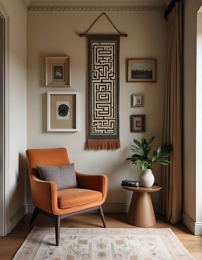 A cozy corner features an orange armchair with a patterned pillow, a round side table with a plant, and a unique fabric wall hanging above, complemented by a collection of framed art.