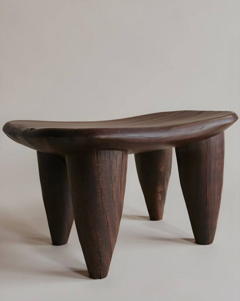 Close-up studio shot of a handcrafted, dark-stained wooden Senufo stool featuring a slightly curved seat and three tapered legs.