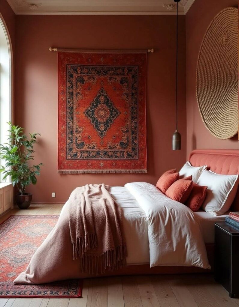 A bedroom showcases striking fabric wall decor in red and navy, enhancing the warm, monochromatic color scheme.