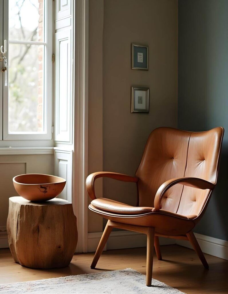 A naturally lit room showcases a leather chair with a wooden frame next to a rustic wooden stump serving as a side table, topped with a decorative African bowl. Two framed pictures hang on the wall above the chair. The serene setting is completed by a neutral-toned rug and a window offering a glimpse of the outside. Explore our collection of authentic African bowls for a touch of global artistry in your home.