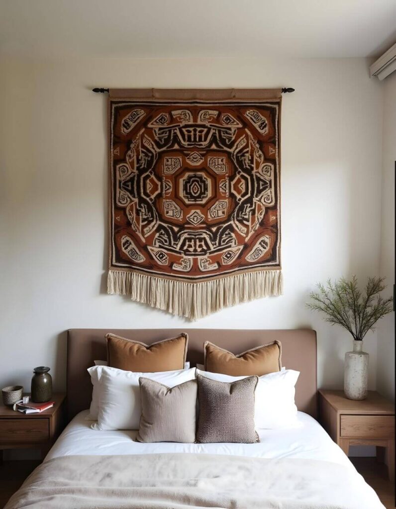 A stylish bedroom features large, fabric wall decor with geometric patterns in shades of brown and beige, suspended above a bed with a tan headboard and an assortment of cushions.