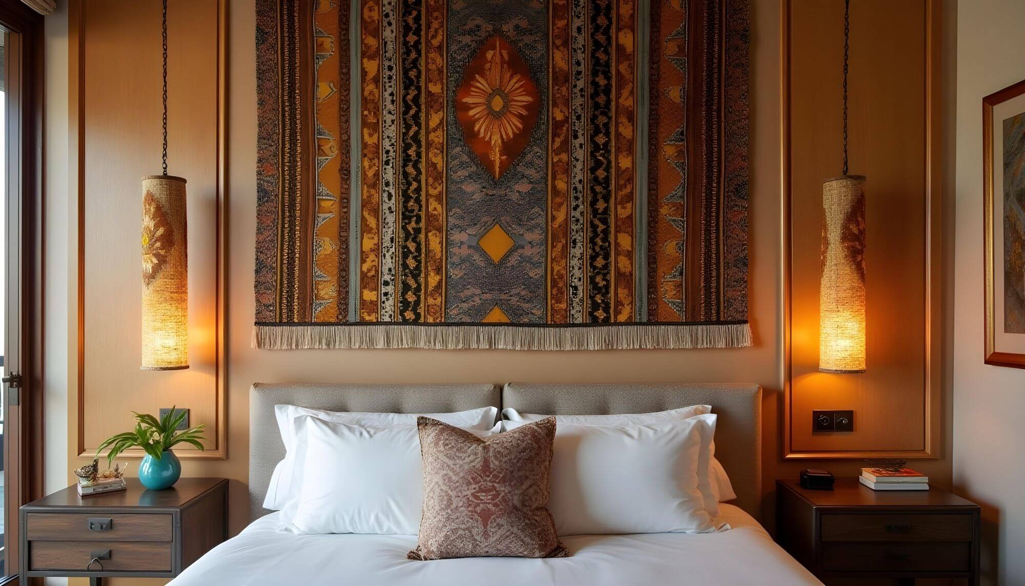 Luxurious bedroom featuring decorative fabric wall decor above the bed. The fabric wall hanging is designed in red and blue tones with an ornate central motif
