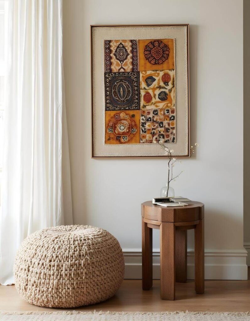 Interior space featuring a woven pouf and framed fabric art. A round pouf made of woven beige material is in the foreground. To the right, there's a small, octagonal wooden table with slender legs. A glass vase, with a delicate, twiggy flower arrangement, sits atop the table, along with some small books. Behind the table, a framed piece of fabric art decorates the wall. The artwork is composed of six squares, each with a distinct pattern in shades of brown, beige, and orange. A sheer, white curtain hangs to the left of the artwork, providing a soft backdrop.