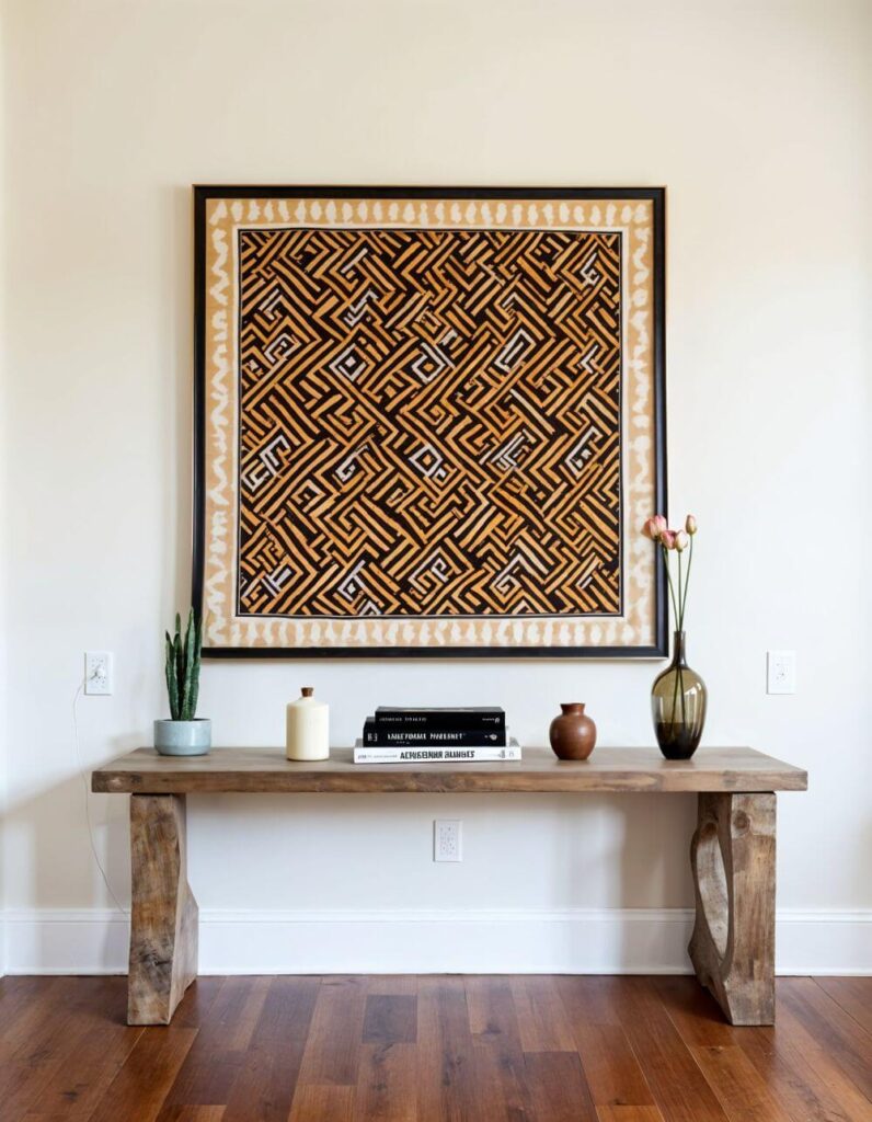 Interior shot of an art piece hanging above an unfinished wooden table. The art piece is kuba cltoh inspired: a black maze design intermixed with light beige and white lines. The art piece has a light cream square design outlining the center design with a black rectangular frame. Below the art piece is an unfinished light brown wooden table with thick legs, each uniquely carved. The table is styled with a plant, a candle, coffee table books, a ceramic pot, and a dark glass vase with pink tulips in it. The table and art piece are located against a white wall with two white electrical outlets. The floor is a glossy dark brown wood.
