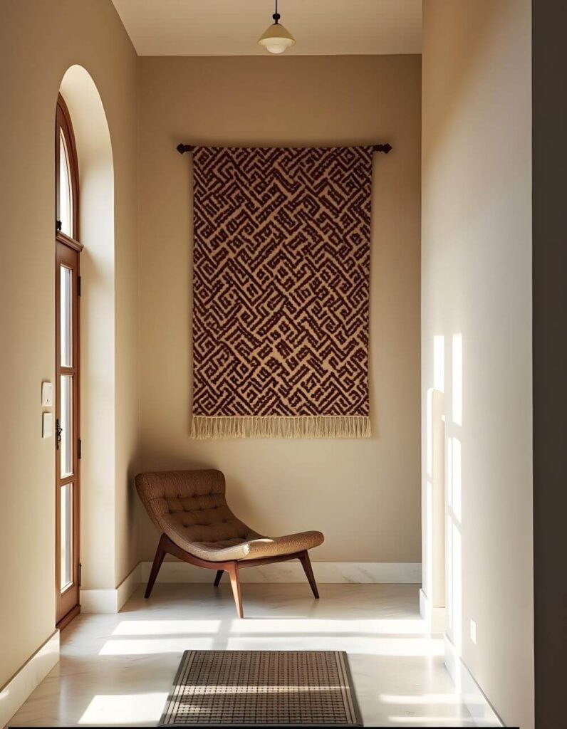 A cozy corner features a retro chair, a patterned wall hanging, and sunlight streaming through a doorway and window. The walls are painted a warm, light beige. To the left, a wooden door with an arched top is set into the wall, hinting at an entryway. Beside the door, a brown upholstered chair with a wooden frame sits snugly in the corner. Above the chair, a textile wall hanging adds texture and visual interest with its geometric design and fringe. On the floor, a runner rug invites you to explore. Light pours in through a window to the right, casting bright stripes across the marble floor. A simple light fixture is visible on the ceiling.