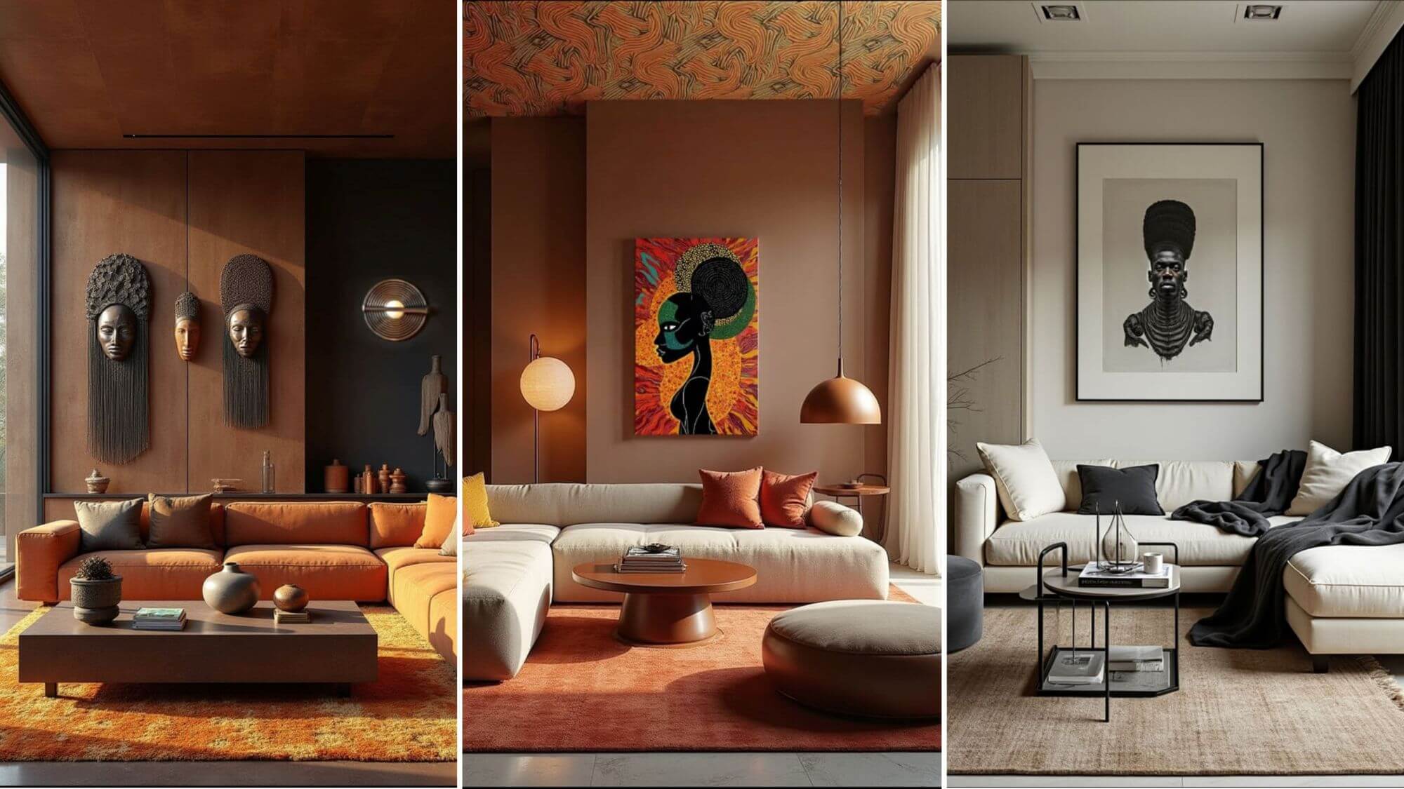 Three interior designs showcase different interpretations of Afrofuturism design. The first features masks and sculptures reminiscent of African art. The second combines vibrant artwork with modern furniture. The third uses a monochrome portrait and minimalist decor. All blend tradition and modernity.